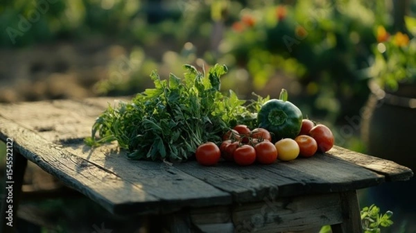 Fototapeta Freshly harvested vegetables on a rustic wooden table in a sunlit garden