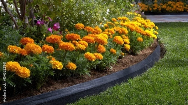Fototapeta Flexible plastic garden edging bordering a flowerbed with vibrant marigolds and neat lawn edges