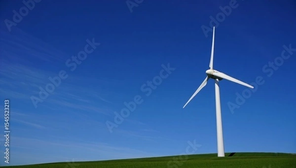 Fototapeta Single white wind turbine generating renewable energy on a green grassy hill under a clear blue sky. Symbolizing clean energy, sustainability, eco-friendly power sources.