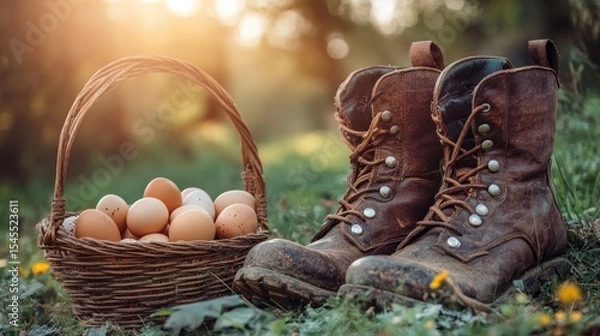 Fototapeta Rustic still life, Basket of eggs and vintage boots on sunlit grass