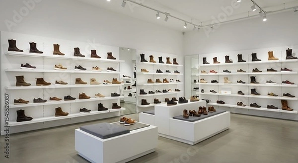 Fototapeta Brightly lit minimalist shoe store showcasing stylish footwear. AI Generated