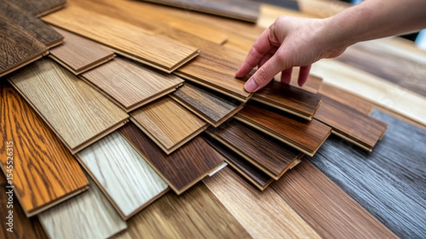 Obraz Customer’s hands choosing hardwood and laminate flooring samples in a store. A bright, minimal setting highlighting textures, tones, and personal selection in home design and renovation.
