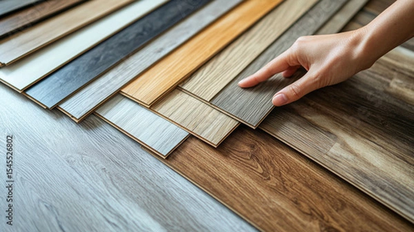 Obraz Customer’s hands choosing hardwood and laminate flooring samples in a store. A bright, minimal setting highlighting textures, tones, and personal selection in home design and renovation.
