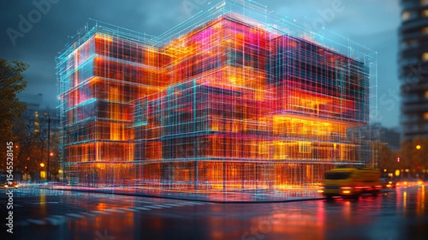Obraz Digital twin simulation of a construction site with 3D building models, visible software interface, data tools, and active machinery—symbolizing smart building, precision, and project management.


