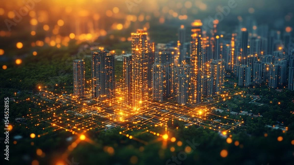 Obraz Digital twin simulation of a construction site with 3D building models, visible software interface, data tools, and active machinery—symbolizing smart building, precision, and project management.

