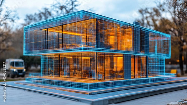 Obraz Digital twin simulation of a construction site with 3D building models, visible software interface, data tools, and active machinery—symbolizing smart building, precision, and project management.

