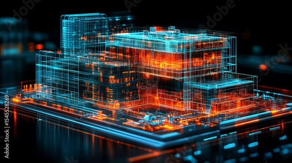 Obraz Digital twin simulation of a construction site with 3D building models, visible software interface, data tools, and active machinery—symbolizing smart building, precision, and project management.

