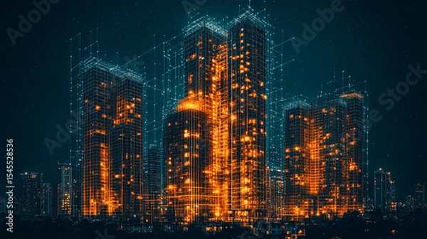 Obraz Digital twin simulation of a construction site with 3D building models, visible software interface, data tools, and active machinery—symbolizing smart building, precision, and project management.

