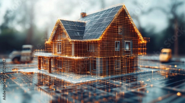 Obraz Digital twin simulation of a construction site with 3D building models, visible software interface, data tools, and active machinery—symbolizing smart building, precision, and project management.

