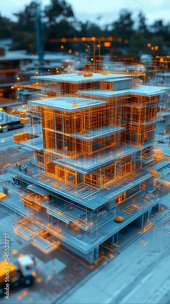 Obraz Digital twin simulation of a construction site with 3D building models, visible software interface, data tools, and active machinery—symbolizing smart building, precision, and project management.

