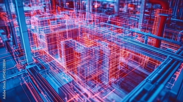 Obraz Digital twin simulation of a construction site with 3D building models, visible software interface, data tools, and active machinery—symbolizing smart building, precision, and project management.

