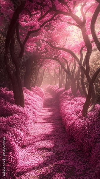Obraz A mystical forest path lined with glowing pink flowers and soft ambient light—symbolizing wonder, magic, serenity, and the dreamy allure of a fantasy nature realm.
