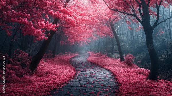 Obraz A mystical forest path lined with glowing pink flowers and soft ambient light—symbolizing wonder, magic, serenity, and the dreamy allure of a fantasy nature realm.
