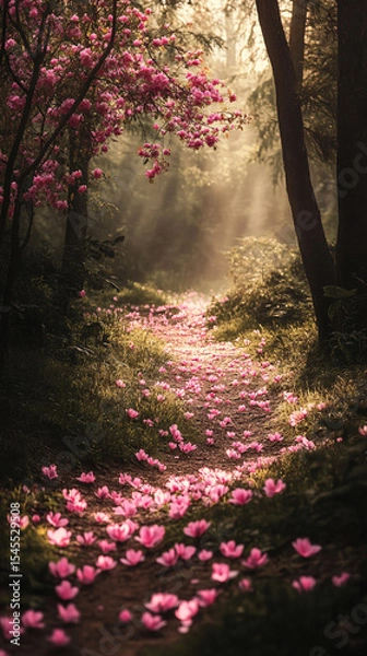 Obraz A mystical forest path lined with glowing pink flowers and soft ambient light—symbolizing wonder, magic, serenity, and the dreamy allure of a fantasy nature realm.
