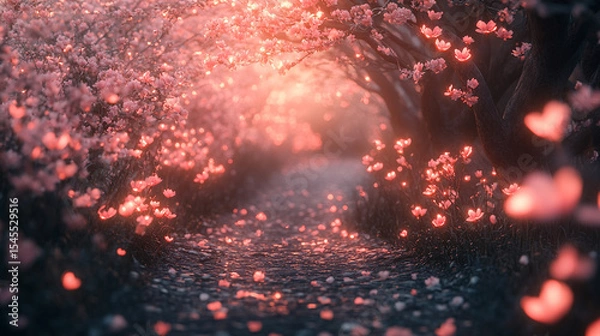 Obraz A mystical forest path lined with glowing pink flowers and soft ambient light—symbolizing wonder, magic, serenity, and the dreamy allure of a fantasy nature realm.
