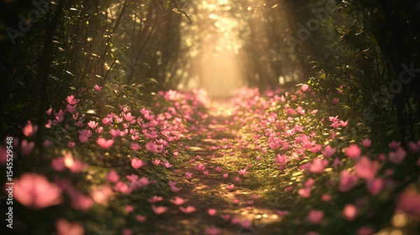 Obraz A mystical forest path lined with glowing pink flowers and soft ambient light—symbolizing wonder, magic, serenity, and the dreamy allure of a fantasy nature realm.
