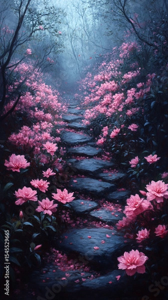 Obraz A mystical forest path lined with glowing pink flowers and soft ambient light—symbolizing wonder, magic, serenity, and the dreamy allure of a fantasy nature realm.

