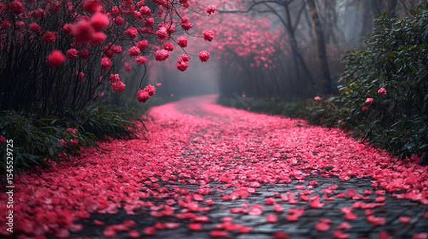 Obraz A mystical forest path lined with glowing pink flowers and soft ambient light—symbolizing wonder, magic, serenity, and the dreamy allure of a fantasy nature realm.
