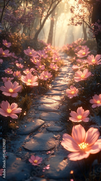 Obraz A mystical forest path lined with glowing pink flowers and soft ambient light—symbolizing wonder, magic, serenity, and the dreamy allure of a fantasy nature realm.

