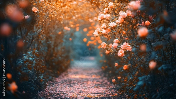 Obraz A mystical forest path lined with glowing pink flowers and soft ambient light—symbolizing wonder, magic, serenity, and the dreamy allure of a fantasy nature realm.

