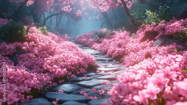 Obraz A mystical forest path lined with glowing pink flowers and soft ambient light—symbolizing wonder, magic, serenity, and the dreamy allure of a fantasy nature realm.
