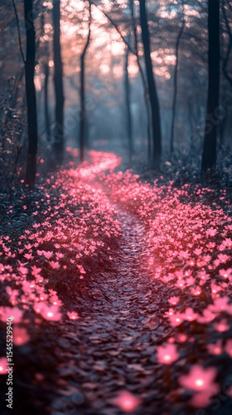 Obraz A mystical forest path lined with glowing pink flowers and soft ambient light—symbolizing wonder, magic, serenity, and the dreamy allure of a fantasy nature realm.
