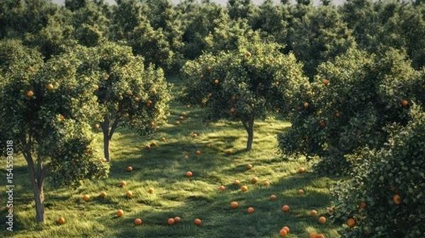 Fototapeta Lush orange grove basking in sunlight, displaying a bountiful harvest