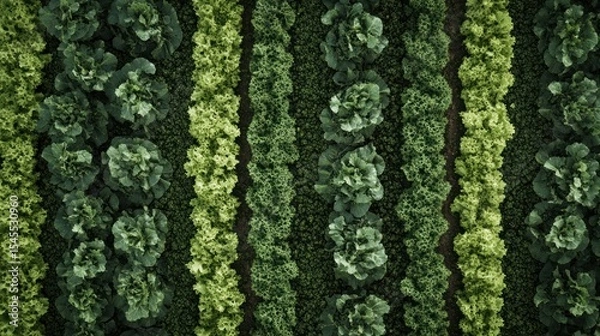 Fototapeta Aerial Vista of Symmetrically Arranged Rows of Verdant Vegetable Crops