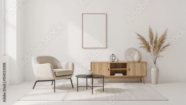 Fototapeta Minimalist Living Room Interior Design  White Walls, Light Wood Furniture, and Pampas Grass