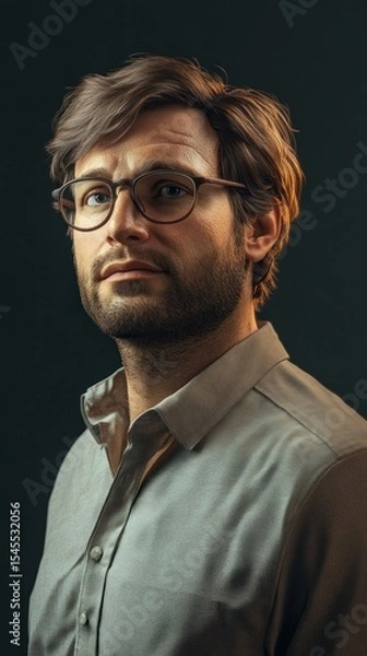 Fototapeta Contemplative gaze of a bespectacled man in muted light portrait