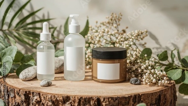 Obraz Skincare products displayed on a smooth, rustic wooden surface.