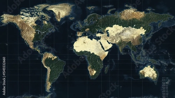 Fototapeta Detailed world map with textured continents and a deep ocean backdrop