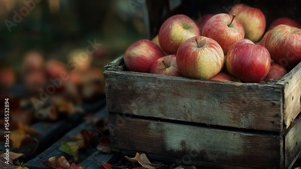 Fototapeta Rustic harvest, Fresh apples in a weathered crate, autumn's bounty