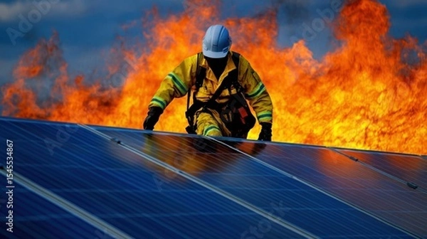 Fototapeta Solar panel technician repairing array amidst raging wildfire devastation