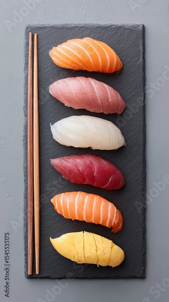 Obraz Fresh sushi nigiri with chopstick on black slate plate