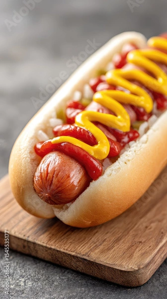 Obraz Hot dog with mustard, ketchup, and chopped onion on wooden board