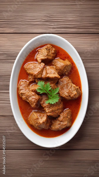 Obraz Spicy meat curry with fresh herb garnish in white bowl on wood