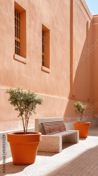 Obraz Orange wall with two potted plants and wooden bench in sunlight
