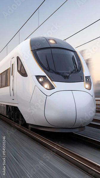 Obraz Modern white high speed train moving fast on railway track