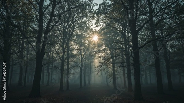 Fototapeta A surreal photograph of a forest at twilight, with enhanced lighting and dreamlike effects.