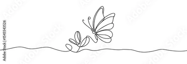 Fototapeta Butterfly one line drawing . Beautiful butterfly silhouette one continuous line drawing . Exotic flying butterfly  side view .