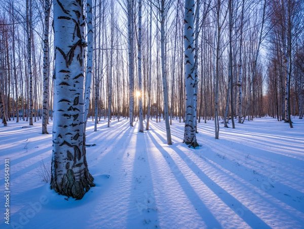 Obraz Sunlight breaks through tall birch trees in a snowy forest, creating long shadows on the ground during early morning. Generative AI.