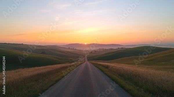 Obraz Sunrise over rolling hills, empty road