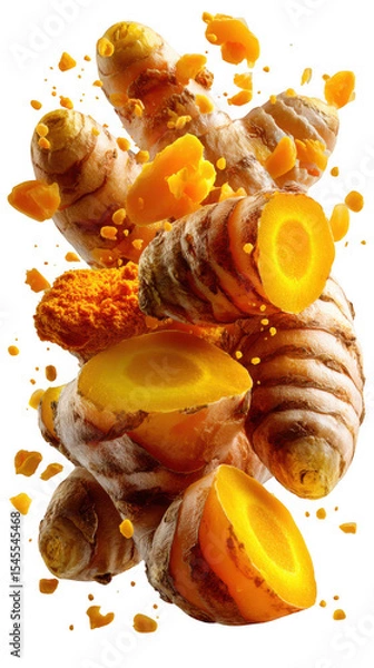 Fototapeta Fresh turmeric root pieces exploding isolated on transparent background