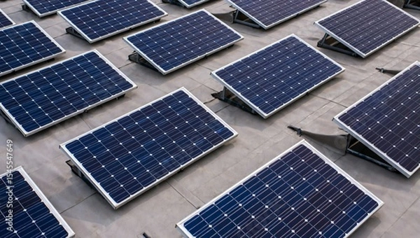 Fototapeta Aerial view of multiple solar panels installed on a rooftop for renewable energy production and sustainable electricity generation.