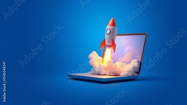 Fototapeta A red and white rocket ship blasts off from a laptop computer screen symbolizing a successful business launch and fast growth.