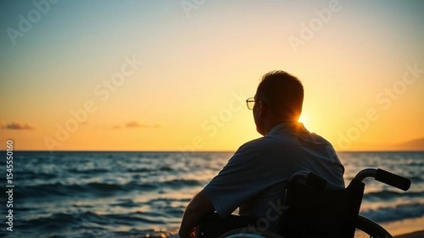 Fototapeta A man in a wheelchair sits on the beach watching a vibrant sunset over the ocean reflecting on life's journey.