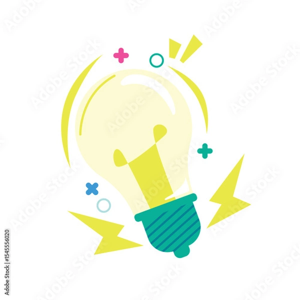 Fototapeta A flat vector illustration of a cute yellow light bulb representing creativity and fresh ideas. Perfect for UI elements, startup branding, educational visuals, and bright modern designs. Fun and color