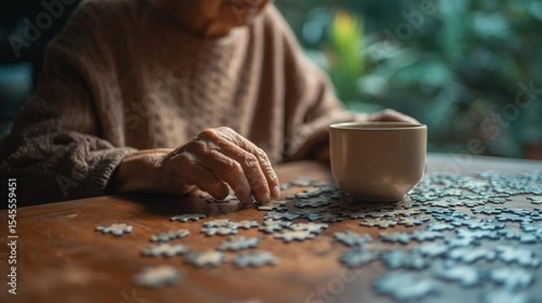 Fototapeta Senior woman engaging in puzzle-solving on wooden table for cognitive health, promoting dementia prevention. Soft natural light, intimate setting with shallow depth of field