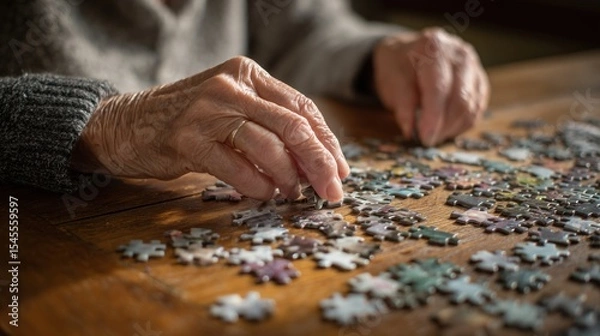 Fototapeta Senior woman engaging in puzzle-solving on wooden table for cognitive health, promoting dementia prevention. Soft natural light, intimate setting with shallow depth of field